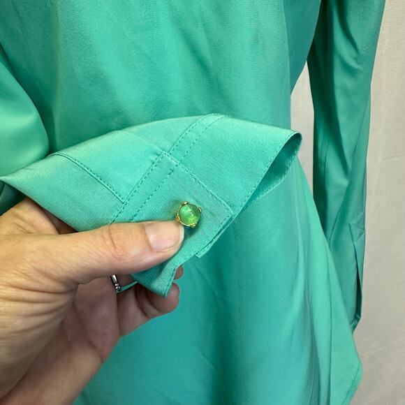 Lilly Pulitzer XS Teal Silk Blouse - 100% Silk with Green Gemstone Buttons - Picture 3 of 10